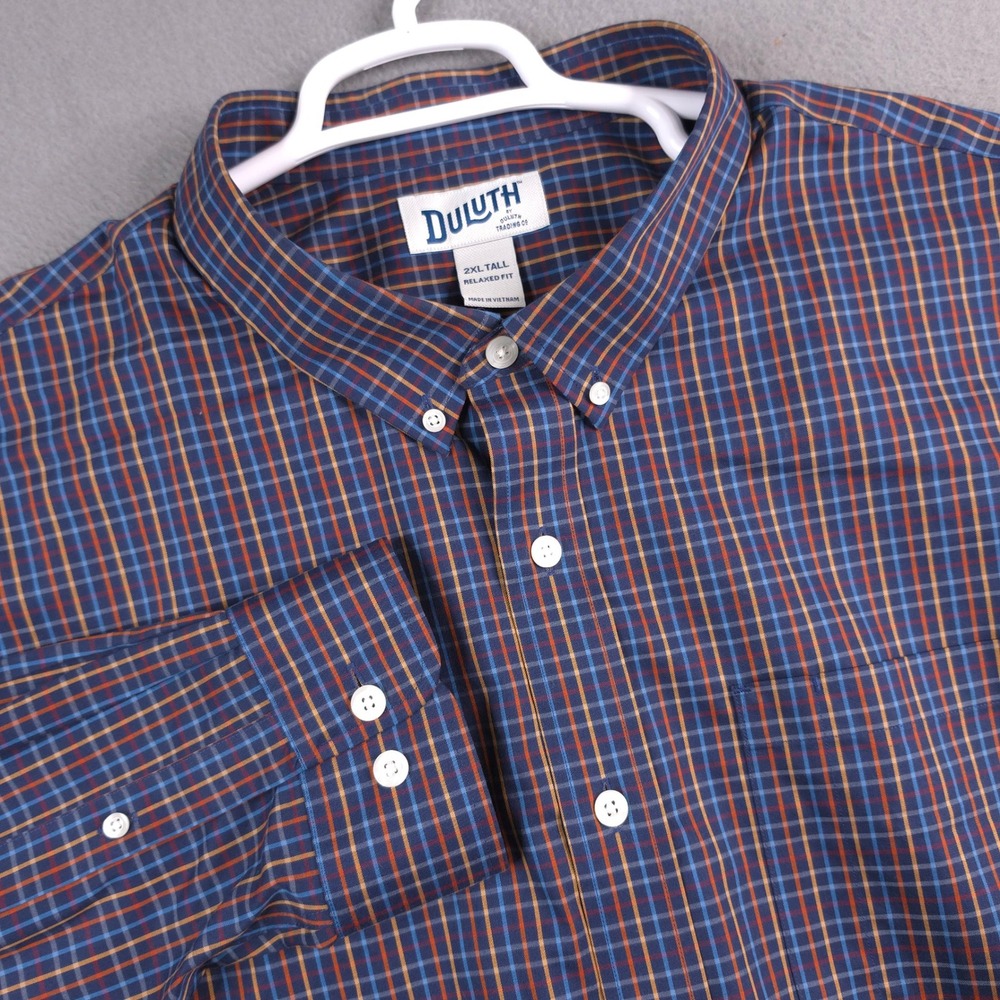 Duluth Trading Co Mens 2XL Tall Relaxed Fit Button Down Plaid Shirt Blue Orange